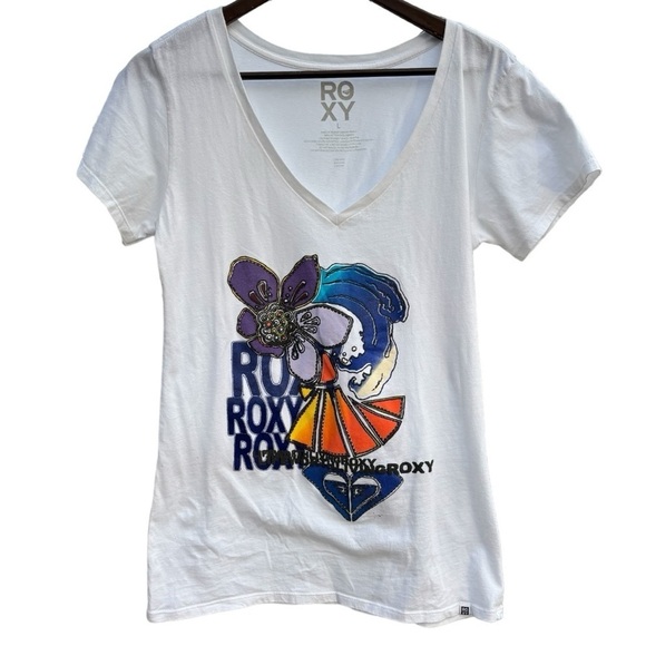Roxy White V Neck T Shirt Size Large Graffic T "Life Worth Living Roxy" - Picture 5 of 7